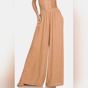 Zenana Pleated Linen Blend Wide Leg Pants